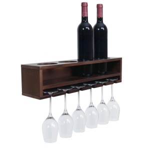 Braunes Weinregal aus Holz für 4 Flaschen und 6 Gläser zur Wandmontage.