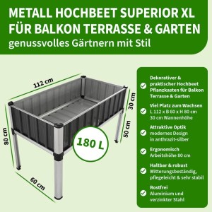 TTL Garden Hochbeet Superior XL, anthrazit-silbernes Metall Hochbeet für Garten, Terrasse und Balkon.