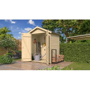 Naturbelassenes Weka Gerätehaus Mori mit Satteldach und Doppeltür, geöffnet mit Gartengeräten.