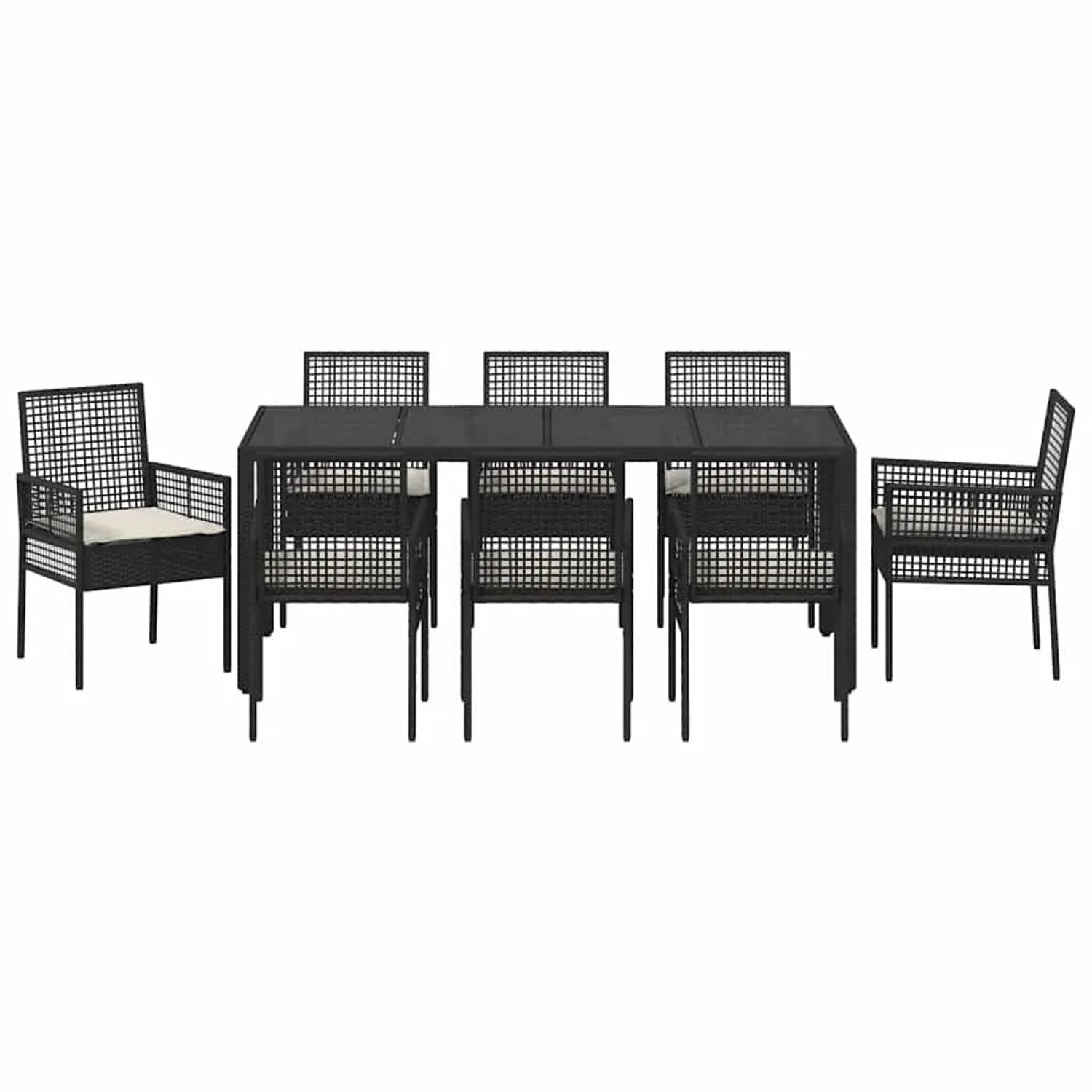 Schwarze 9-teilige vidaXL Garten Essgruppe aus Poly Rattan mit Tisch und Stühlen.