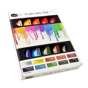 Artina Crylic Acrylfarben Set, 10 Farben à 120ml im Karton.