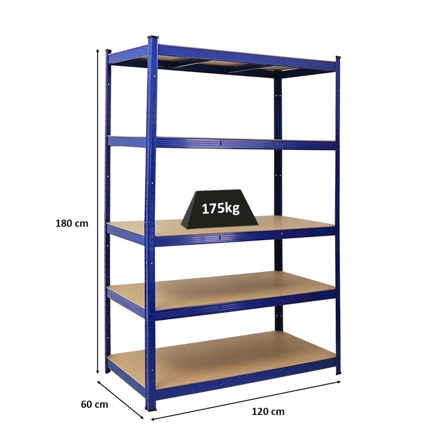 Blaues PROREGAL Schwerlastregal Taurus, 180x120x60 cm, mit 5 MDF-Fachböden und 175 kg Fachlast.