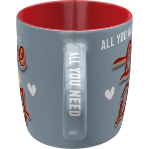 Nostalgic-Art Tasse Love Dog, graue Keramiktasse mit rotem Innenraum und "All you need is Love" Design.