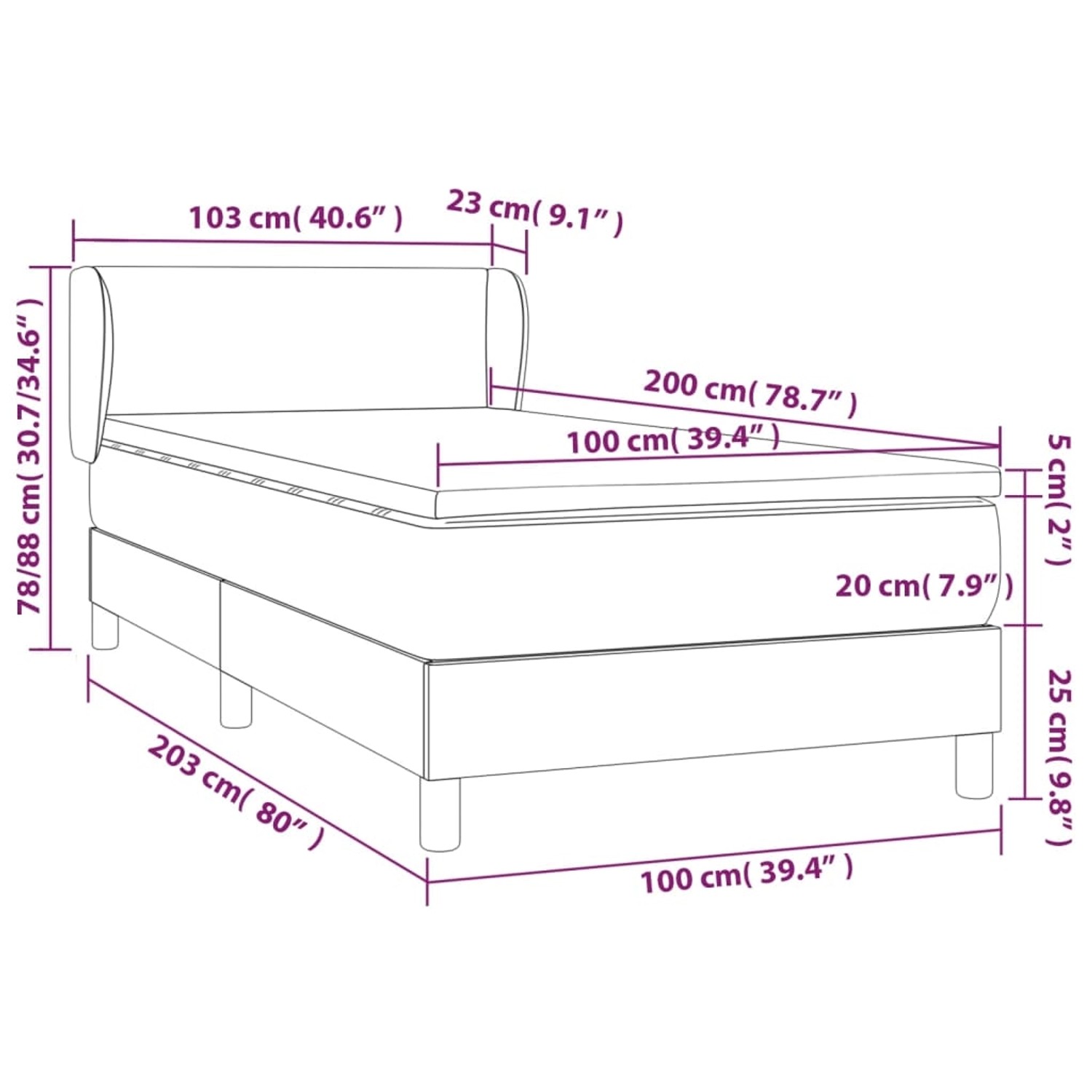 Skizze eines creme-farbenen Boxspringbetts 100x200 cm mit Matratze und Kopfteil, Maße sind eingezeichnet.