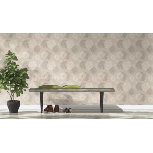 Rasch Vliestapete Tapetenwechsel II 651713 mit Kreismuster in Taupe und Hellgrau an Wohnzimmerwand.