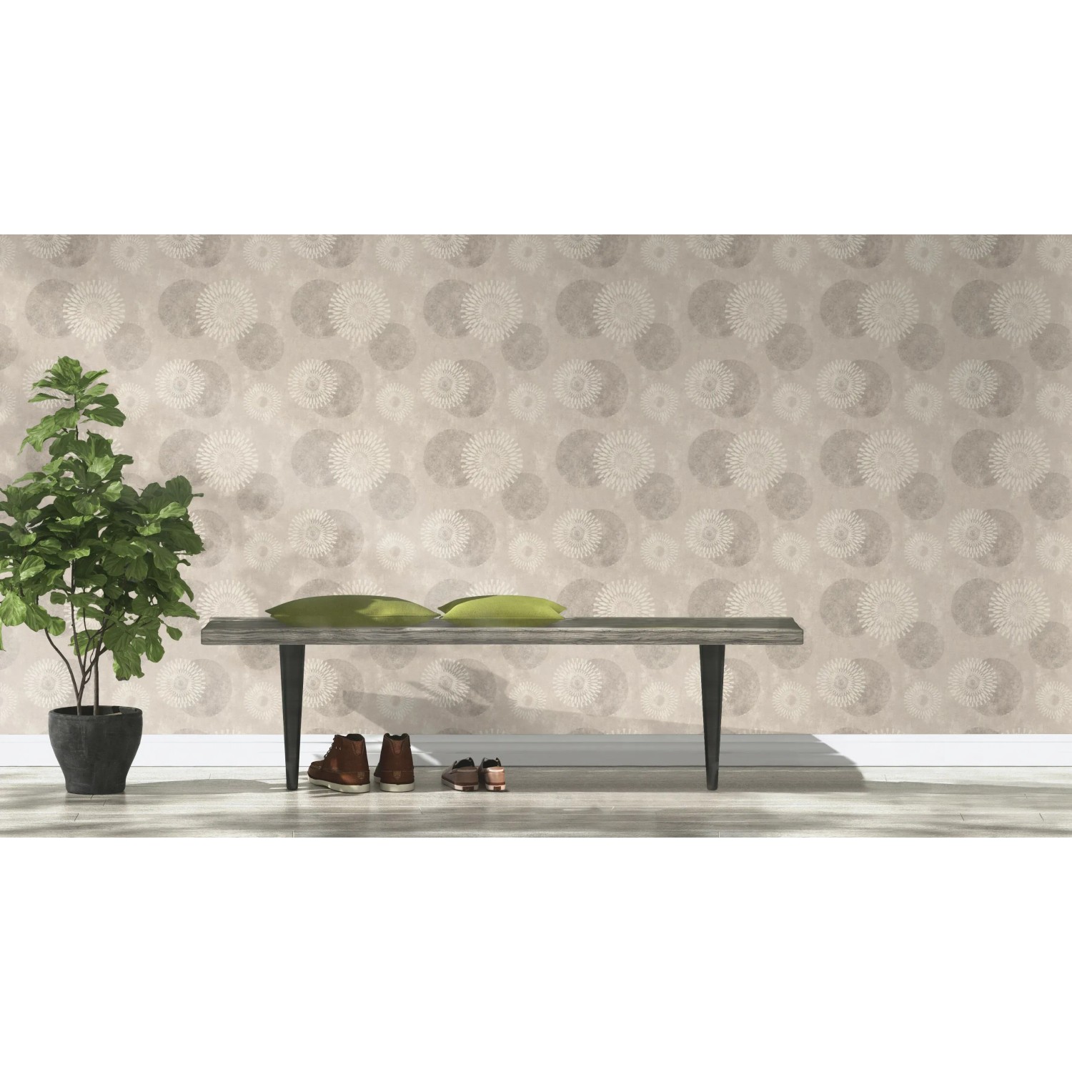Rasch Vliestapete Tapetenwechsel II 651713 mit Kreismuster in Taupe und Hellgrau an Wohnzimmerwand.