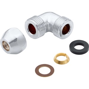 Verchromte Quetschverschraubung Ø 10 mm Winkel (R 1/2) mit Dichtungen und Einlegescheiben.