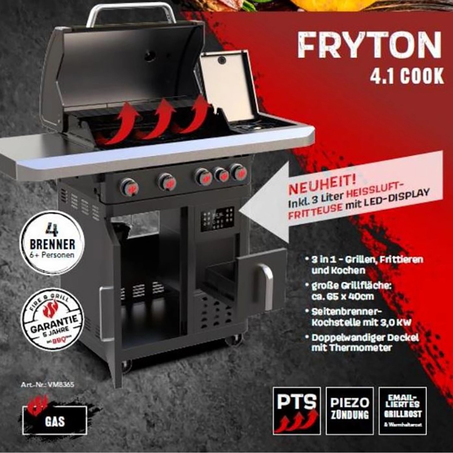 Landmann Gasgrill GG-II-492BKDE, 120 cm, schwarz, mit Heißluftfritteuse und Seitenbrenner.