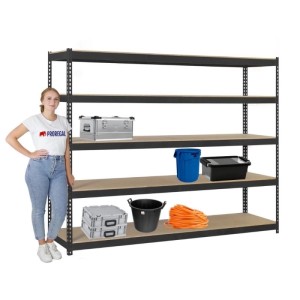 PROREGAL Schwerlastregal Wood Beast mit 5 Ebenen, anthrazit, beladen mit Werkzeugkisten und Eimern.