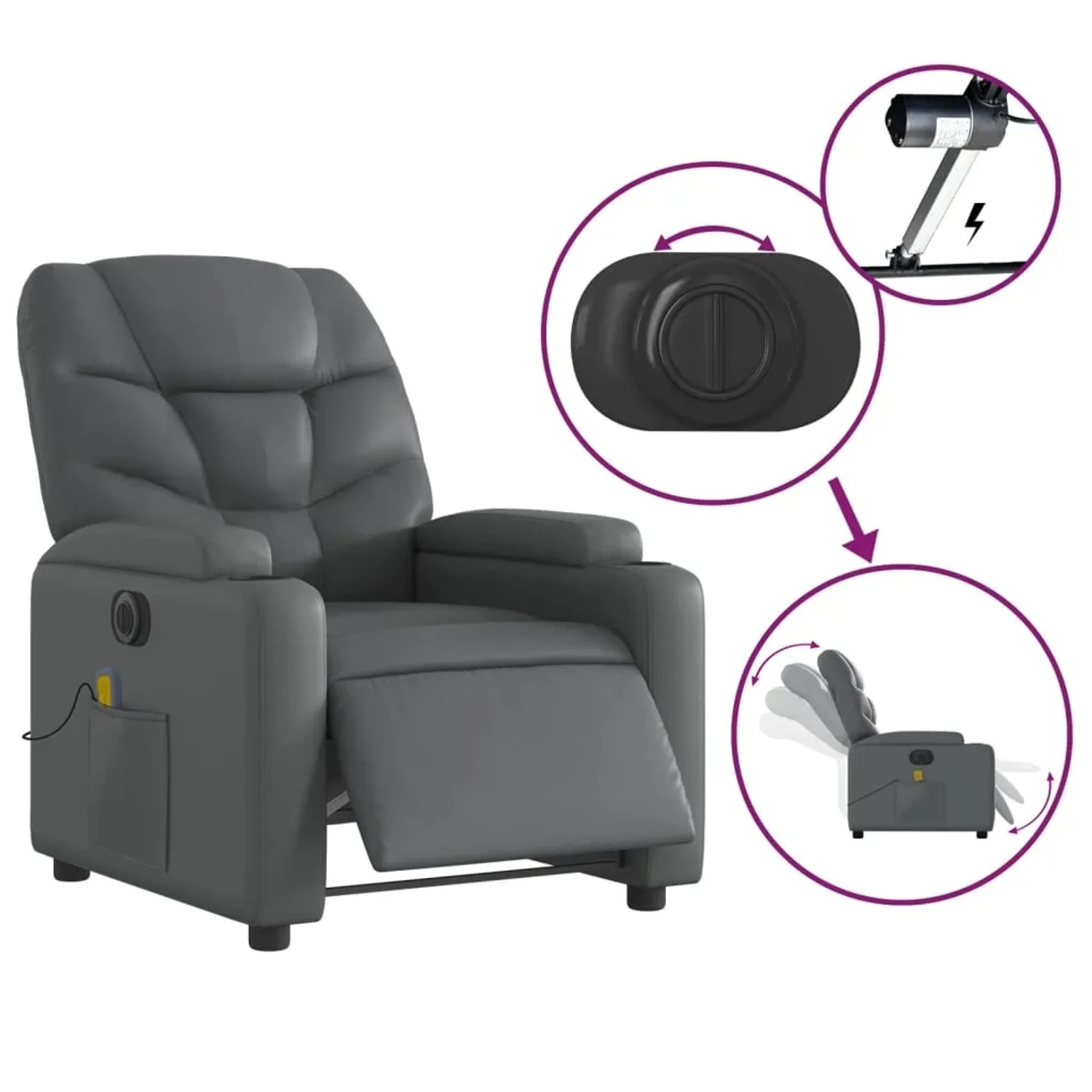 Grauer elektrischer Massagesessel aus Kunstleder mit Getränkehalter und Relaxfunktion.