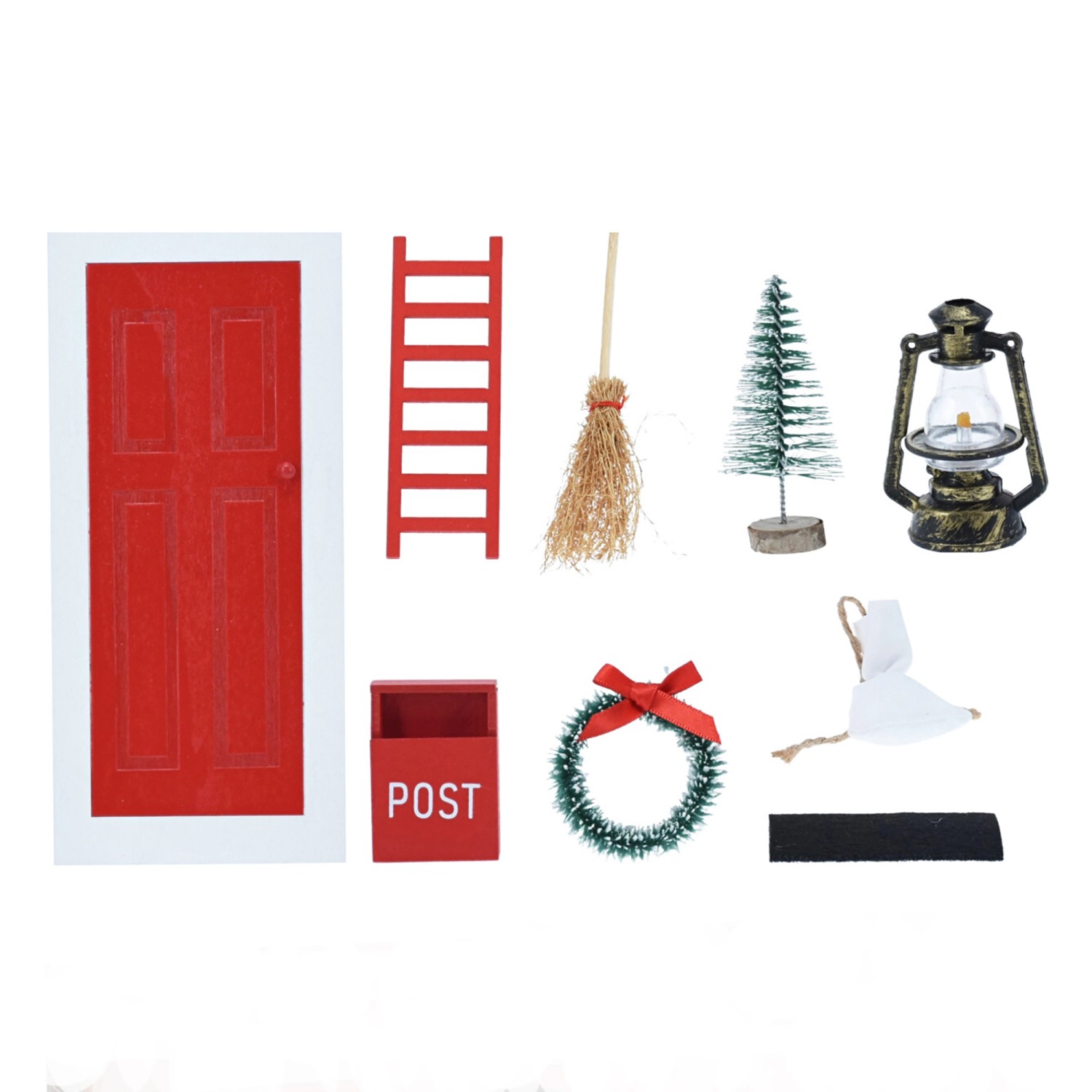 9-teiliges Deko-Weihnachtsszene-Set mit Tür, Leiter, Besen, Baum, Laterne, Briefkasten, Kranz und Geschenksack.