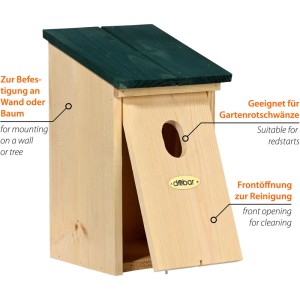 Dobar Nistkasten Vobu aus hellem Holz mit grünem Flachdach. Einflugloch und Reinigungsöffnung für Gartenrotschwänze.