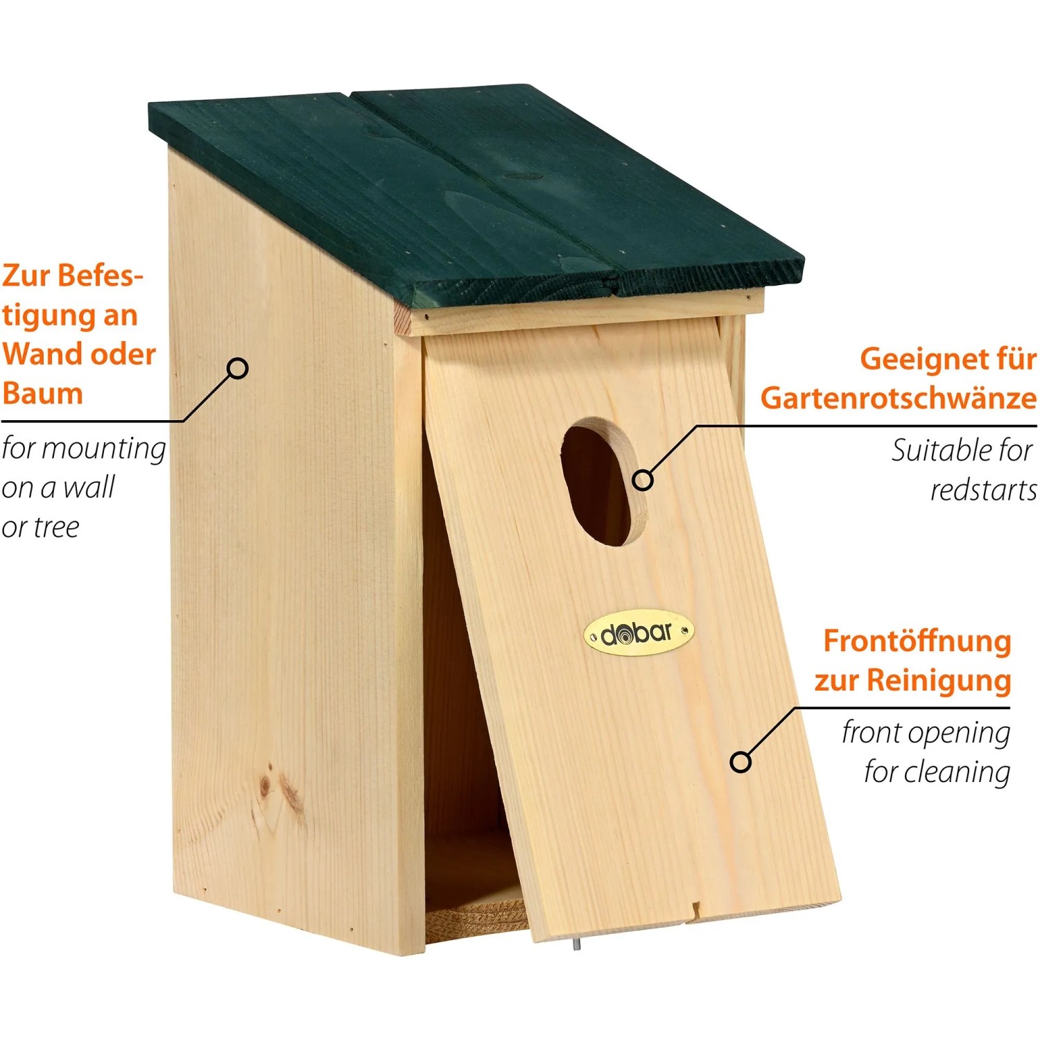Dobar Nistkasten Vobu aus hellem Holz mit grünem Flachdach. Einflugloch und Reinigungsöffnung für Gartenrotschwänze.