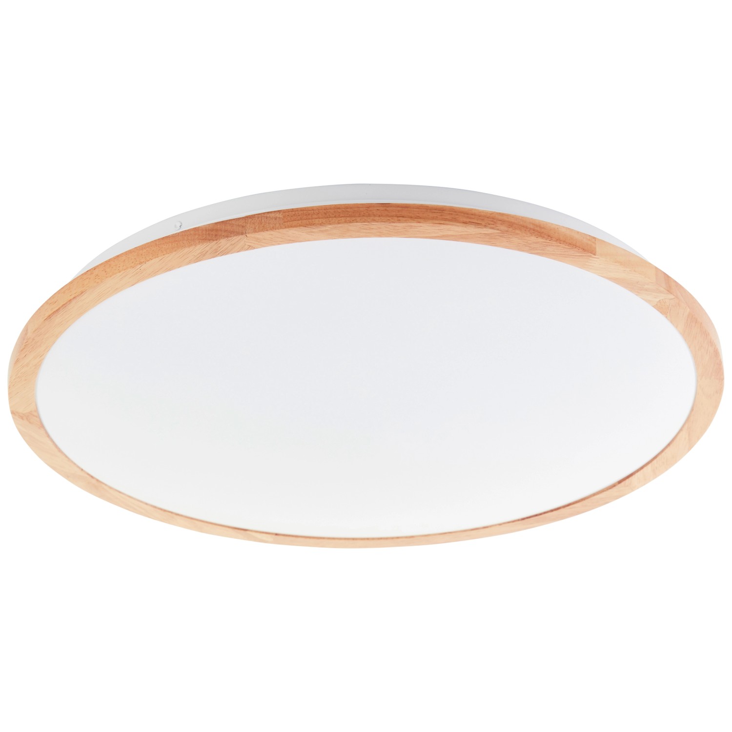 Weiße LED-Deckenleuchte Bario mit hellem Holzrahmen, Ø 52 cm.