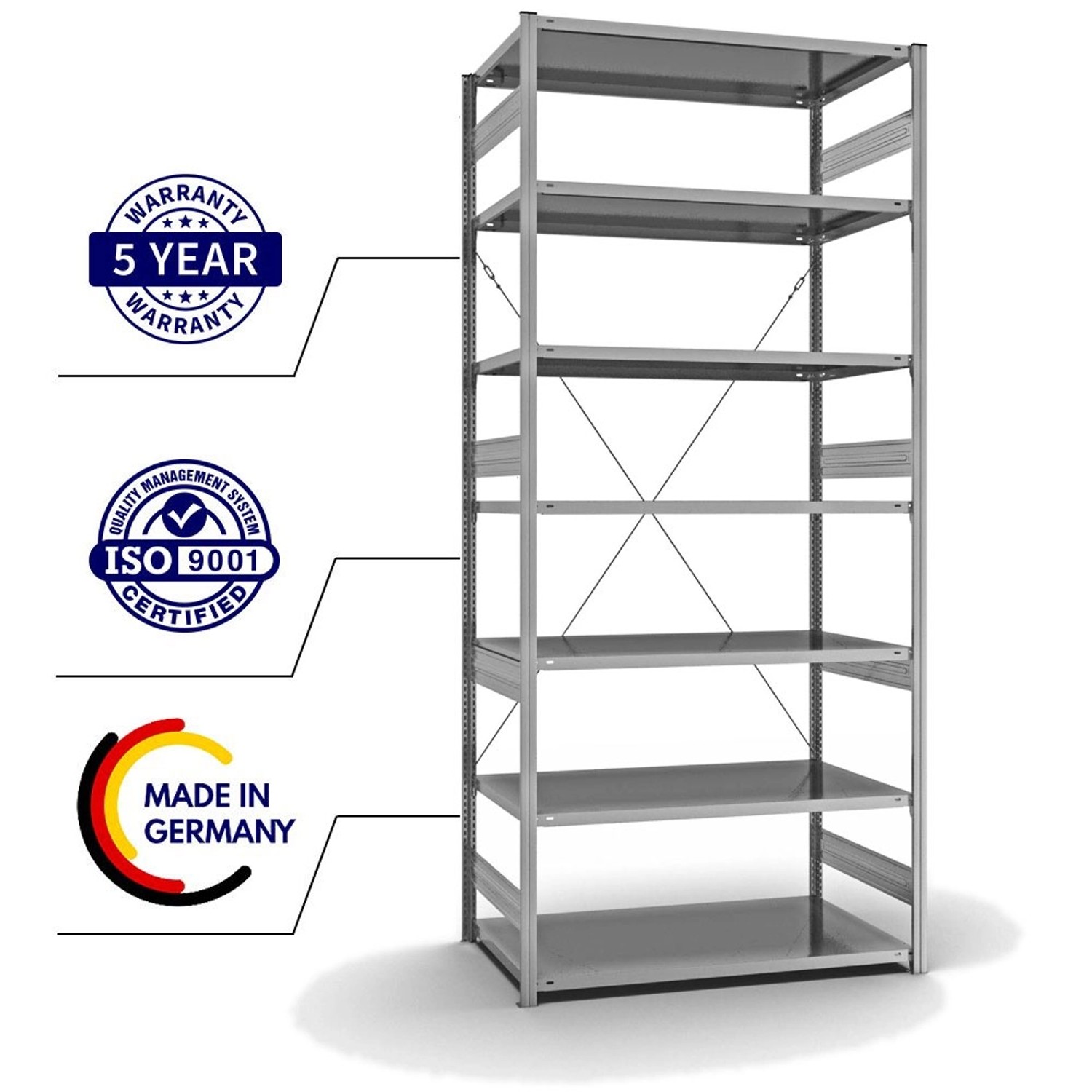 Verzinktes PROREGAL Fachbodenregal mit 7 Ebenen, Stecksystem, T-Profil, 300x130x80 cm.