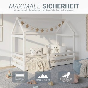 Weißes Homestyle4u Hausbett 80x160 aus Kiefernholz mit Lattenrost und Rausfallschutz, bodennah für Kinder.