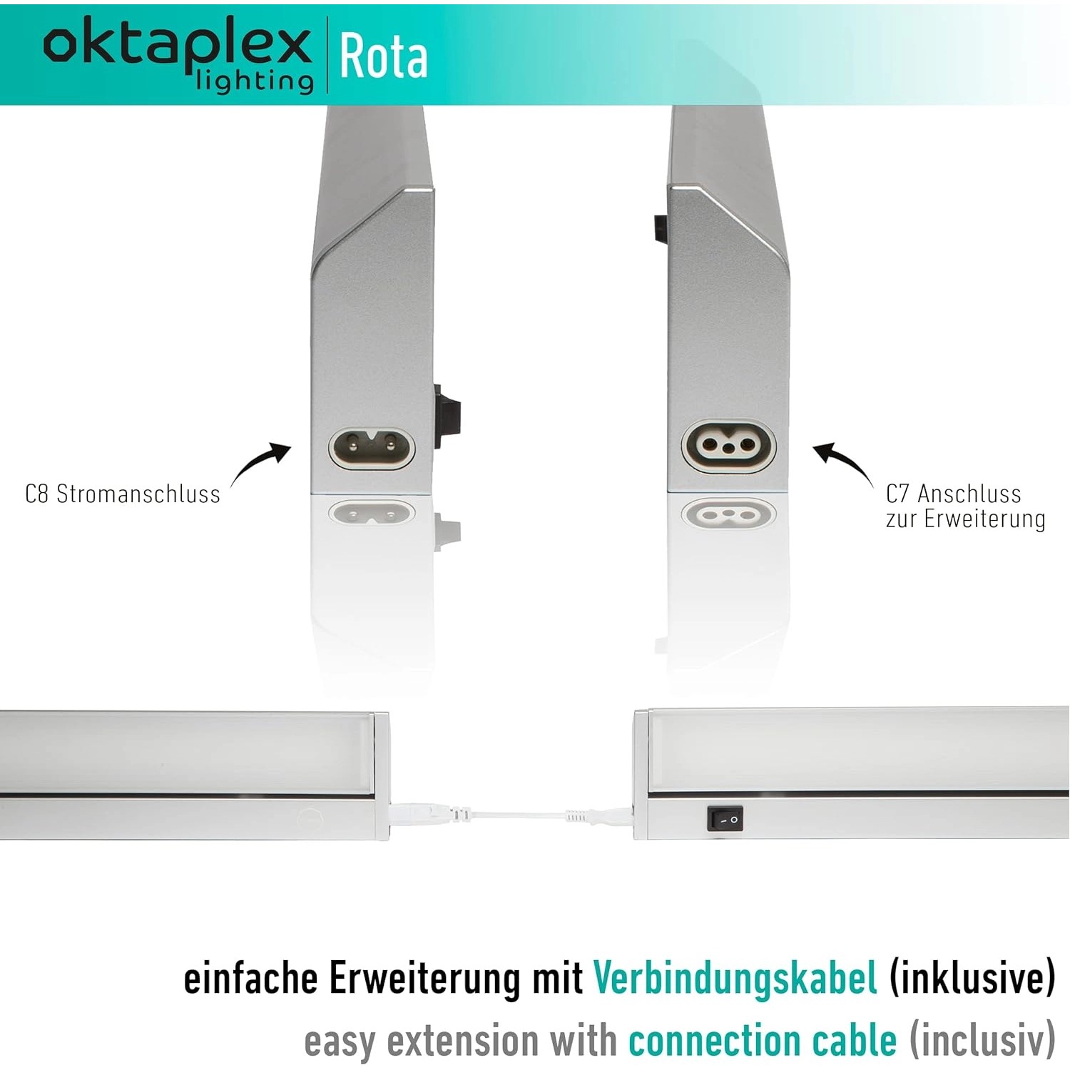 Oktaplex Aluminium Unterbauleuchte, 91cm, schwenkbar, Neutralweiß, Anschlüsse für Erweiterung.
