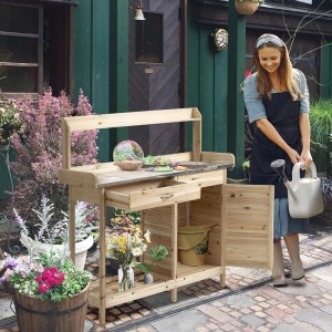 Outsunny Pflanztisch aus Tannenholz mit Metallplatte, Schublade, Schrank und Ablagen. Praktischer Gartentisch.