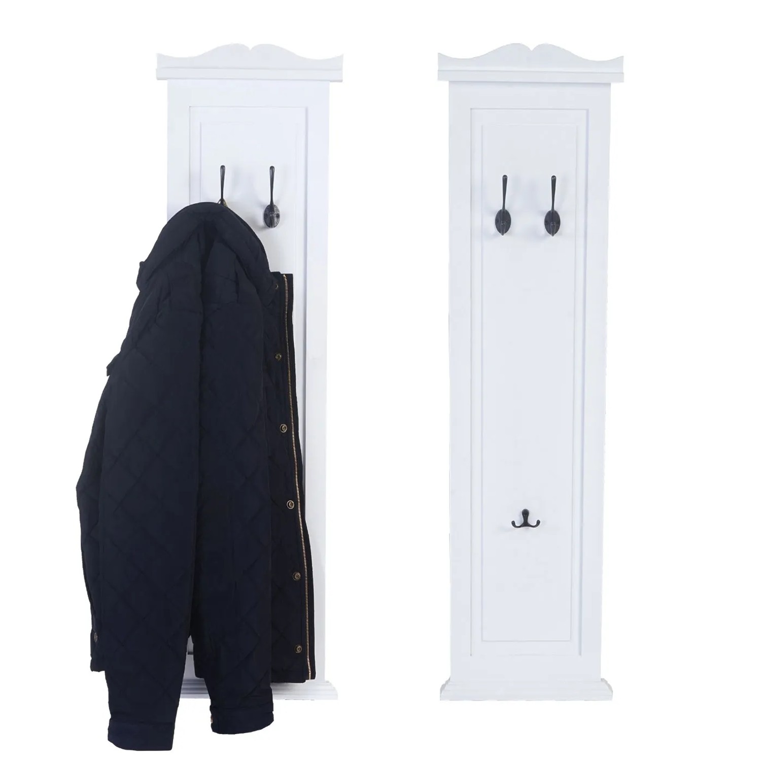 2er Set weiße MCW Wandgarderobe H33 mit Kleiderhaken, einer mit Jacke.