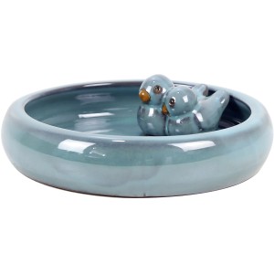 Grüne Keramik Vogeltränke mit zwei Vogel-Figuren. Gartendeko für Tierfreunde.