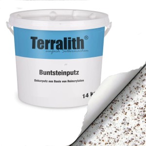 Terralith Buntsteinputz Mosaikputz 14 kg Eimer, weiß-braune Granulat-Textur, Effektputz.