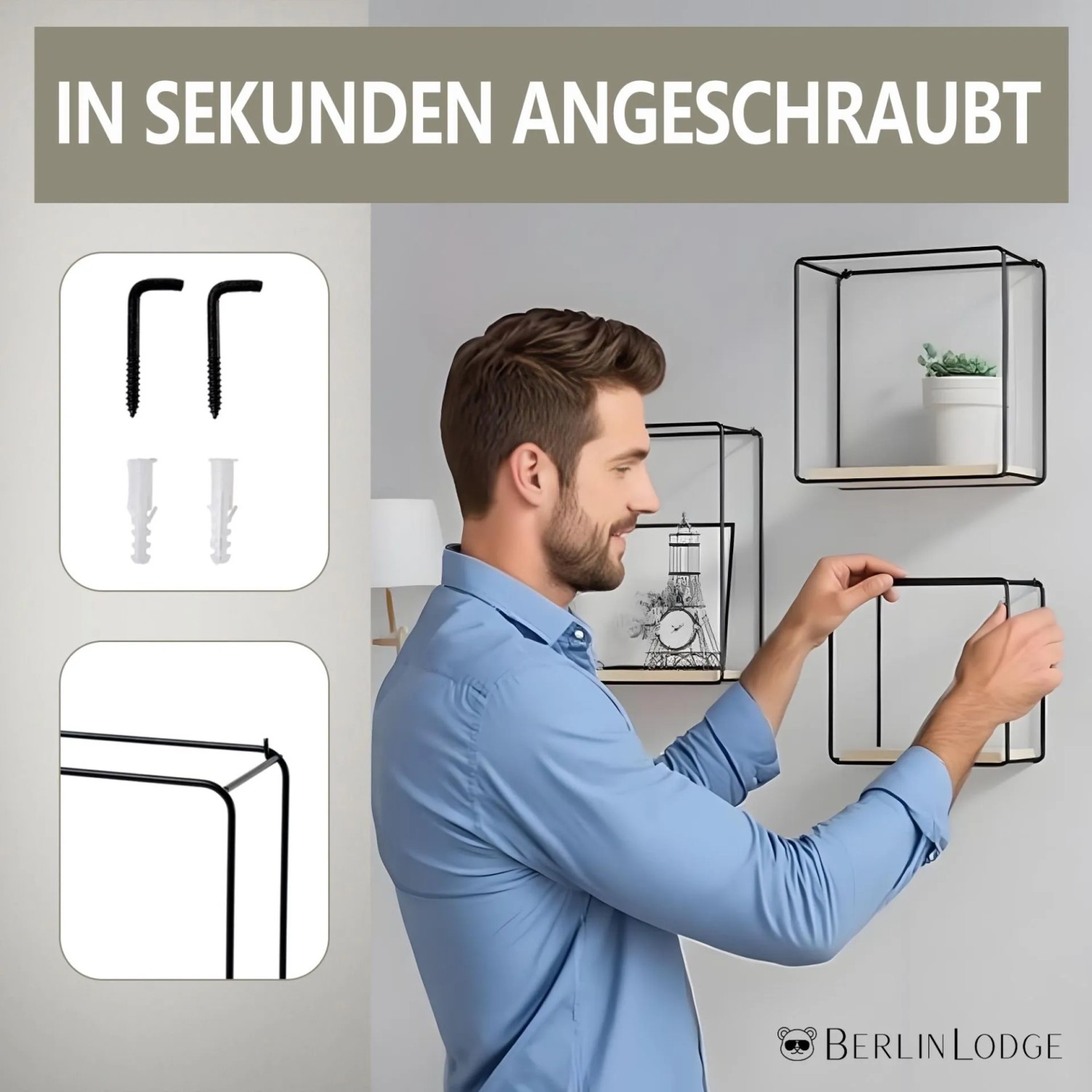 BERLINLODGE Wandregal Metall/Bambus 3er Set Schweberegal 3-Teiliges Hängeregal Würfelregal Schrankregal Wanddeko Und Ablage Schwarz/Holz_5