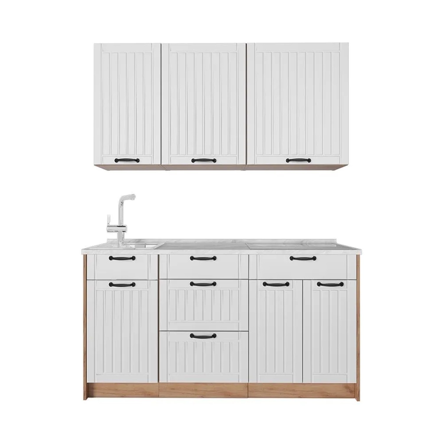 Vicco Singleküche Fame-Line Weiß Landhaus/Goldkraft Eiche 150 x 82 AP Marmor Art Nr 64801