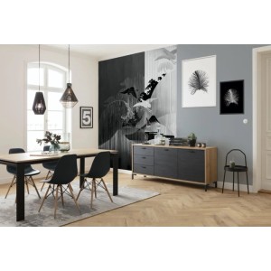 Sanders & Sanders Fototapete Künstlerisch Schwarz-Weiß im Esszimmer mit Tisch und Sideboard.
