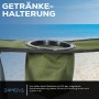 Detailaufnahme: Grüner 24MOVE Campingstuhl mit Getränkehalter am Strand.