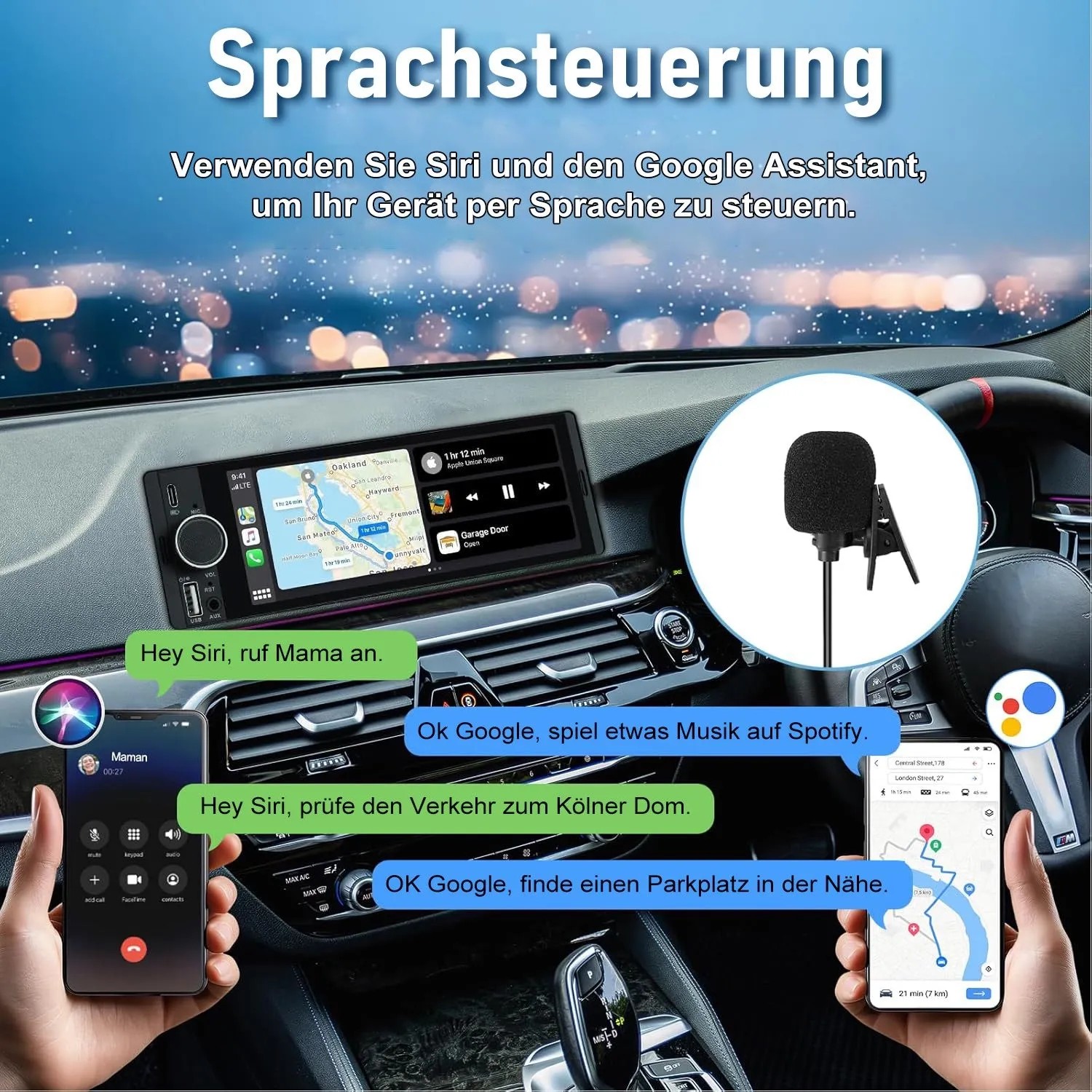 Junsun Autoradio mit 6.3 Zoll Display, Sprachsteuerung via Apple CarPlay & Android Auto. Navigation, Musik, Freisprechen.