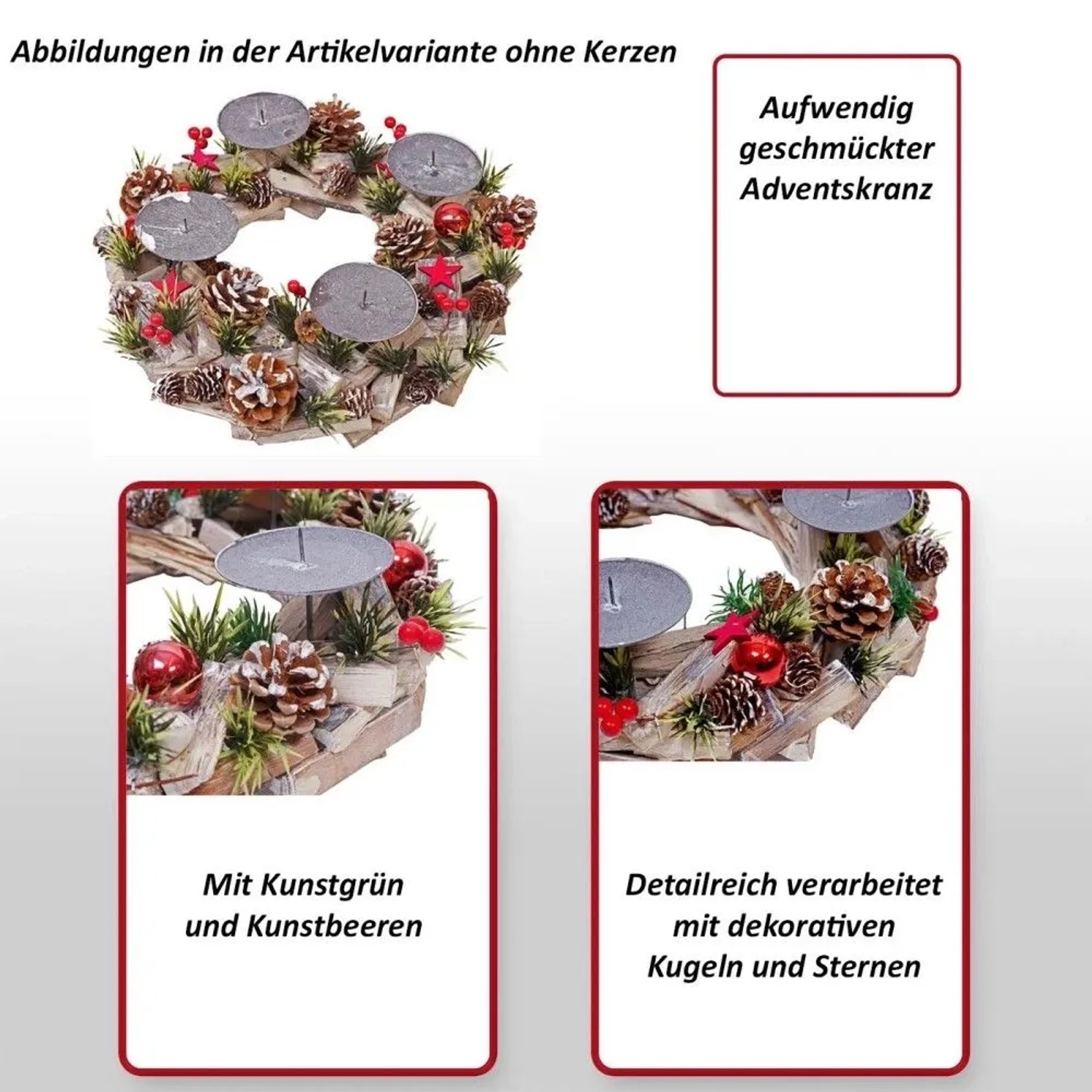 MCW Adventskranz aus Holz mit 4 Kerzenhaltern, geschmückt mit Zapfen, roten Beeren und Kugeln für Weihnachten.