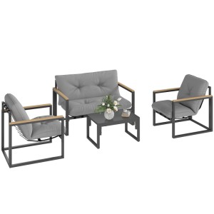 Hellgraues Outsunny Gartenmöbel-Set mit Sofa, Sesseln und Tisch für Garten oder Balkon.