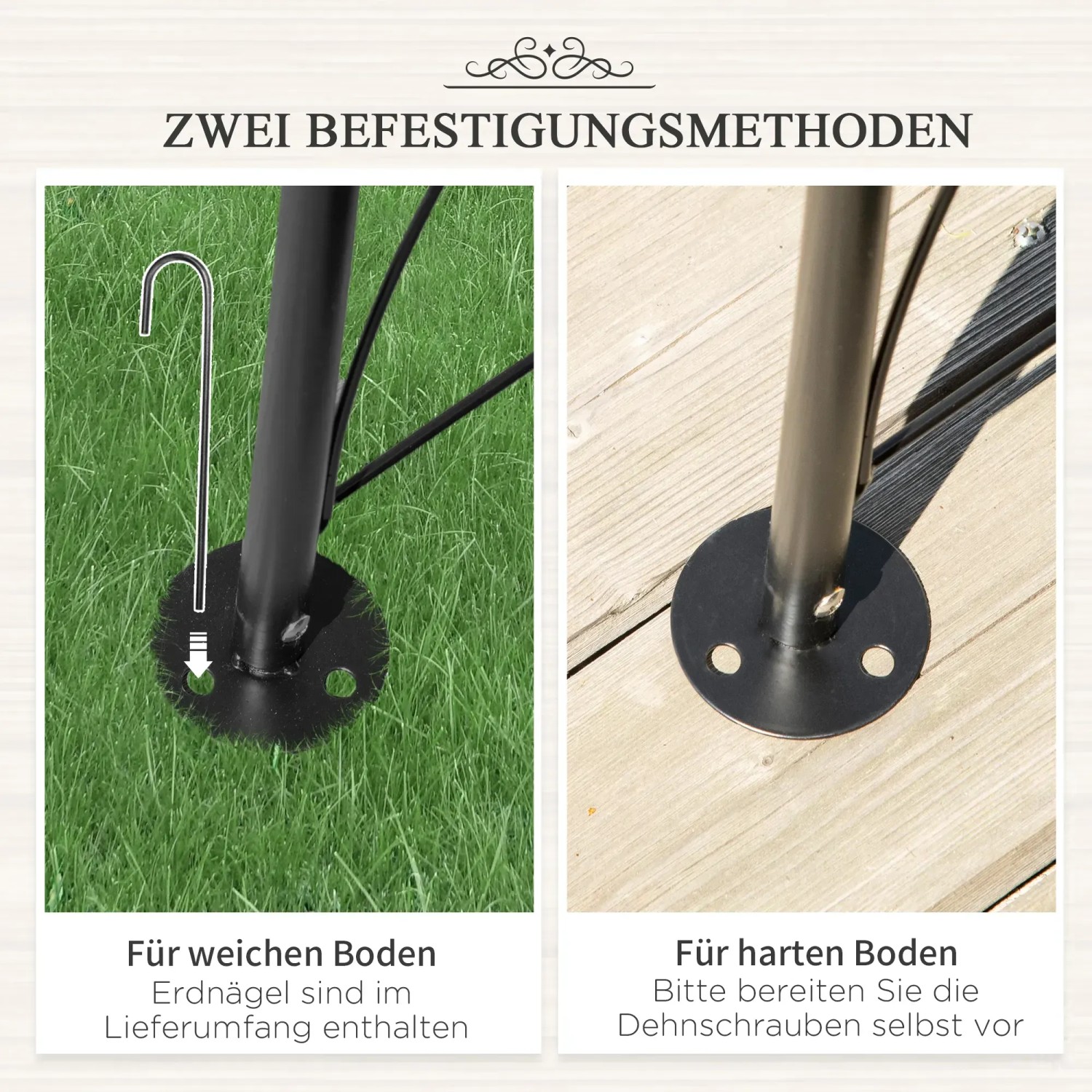 Detail: Outsunny Rosenbogen Befestigungsmethoden für weichen und harten Boden.