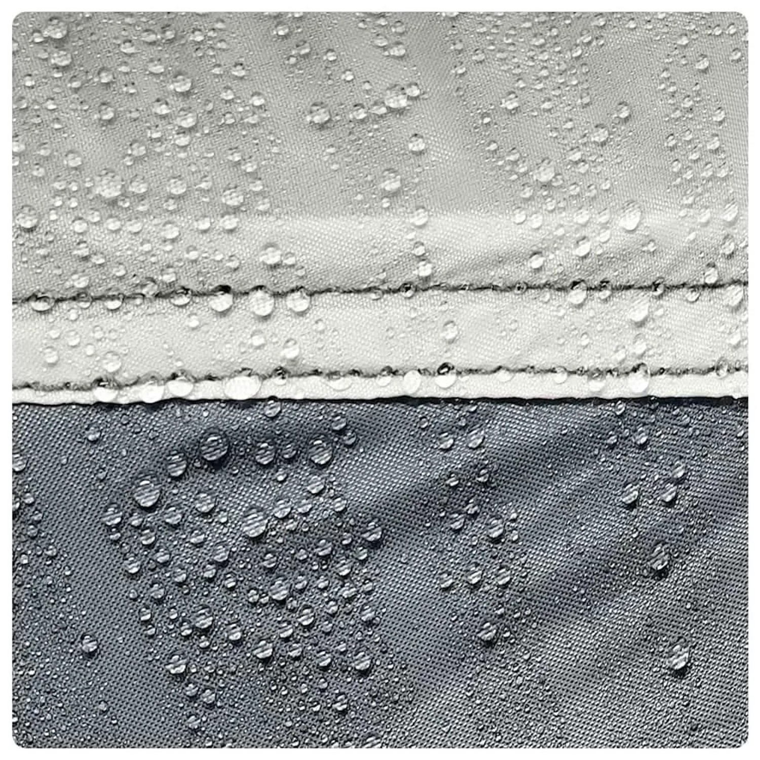 Nahaufnahme des wasserdichten vidaXL Partyzelt-Stoffs in Weiß und Grau mit Wassertropfen. Ideal für Pavillons.