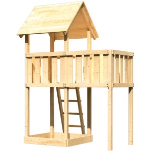 Karibu Spielturm Lotti aus naturbelassenem Holz mit Sandkiste und Anbauplattform.