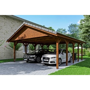 Satteldach-Carport Wallgau Nussbaum mit zwei geparkten Autos unter dem Carport.