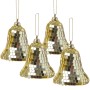 Vier goldene Christbaumschmuck-Glocken im Discokugel-Look mit Spiegelfacetten, 8cm hoch, zum Aufhängen. Weihnachtsbaumschmuck.