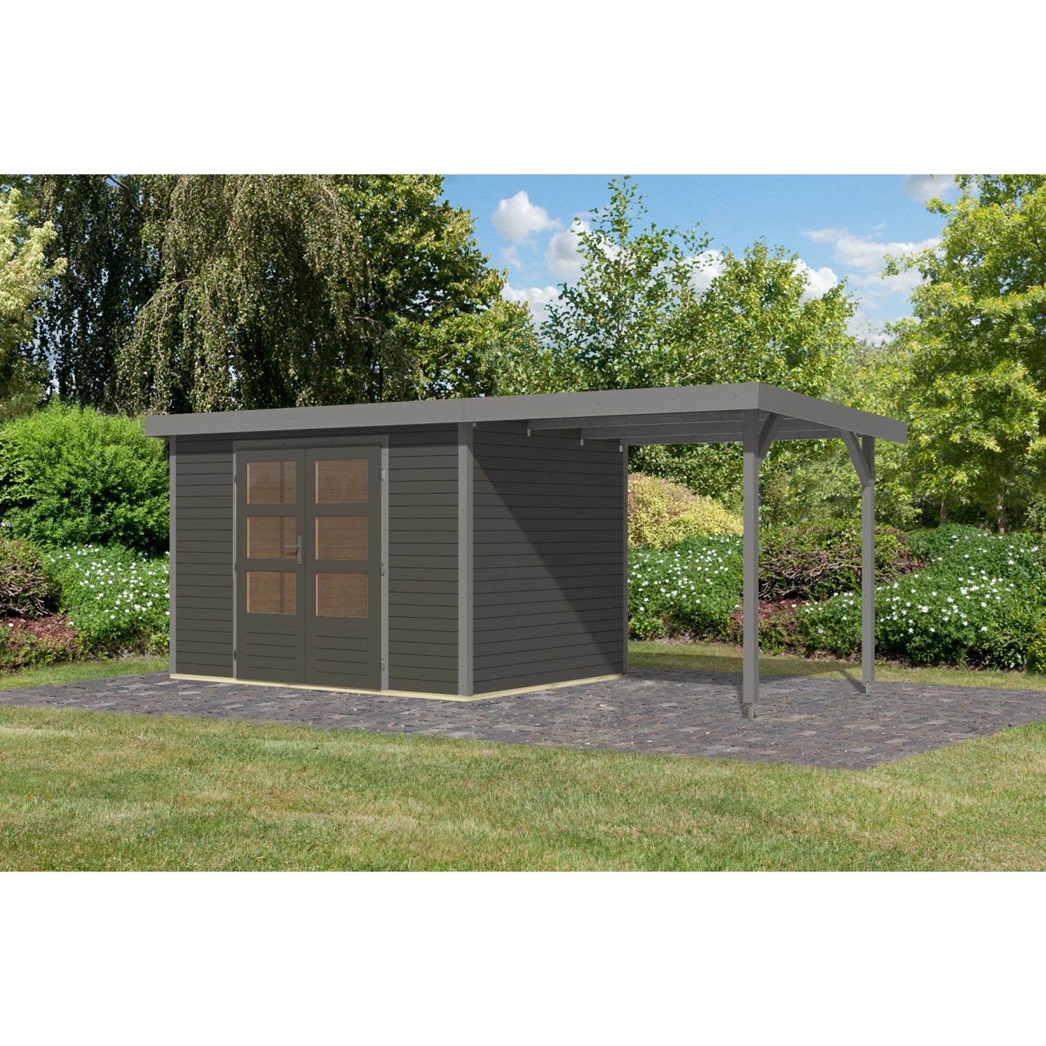 Karibu Gartenhaus Ernesto 4 B m. Anbaudach Terragrau/Grau 209 x 298 x 213 c günstig online kaufen