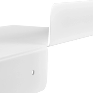 Weißes SOTECH HOVER-I Design Wandregal aus Stahl, Nahaufnahme der elegant geschwungenen Kante und Befestigungsbohrung.