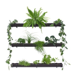 Jardinion Vertikaler Garten, 3 braune Pflanzkästen mit verschiedenen grünen Pflanzen.