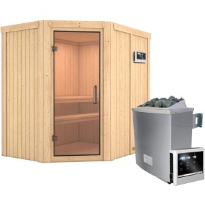 Karibu Sauna Cleo mit Ofen, externer Steuerung und Glastür. Massivholzsauna für entspannte Saunagänge.