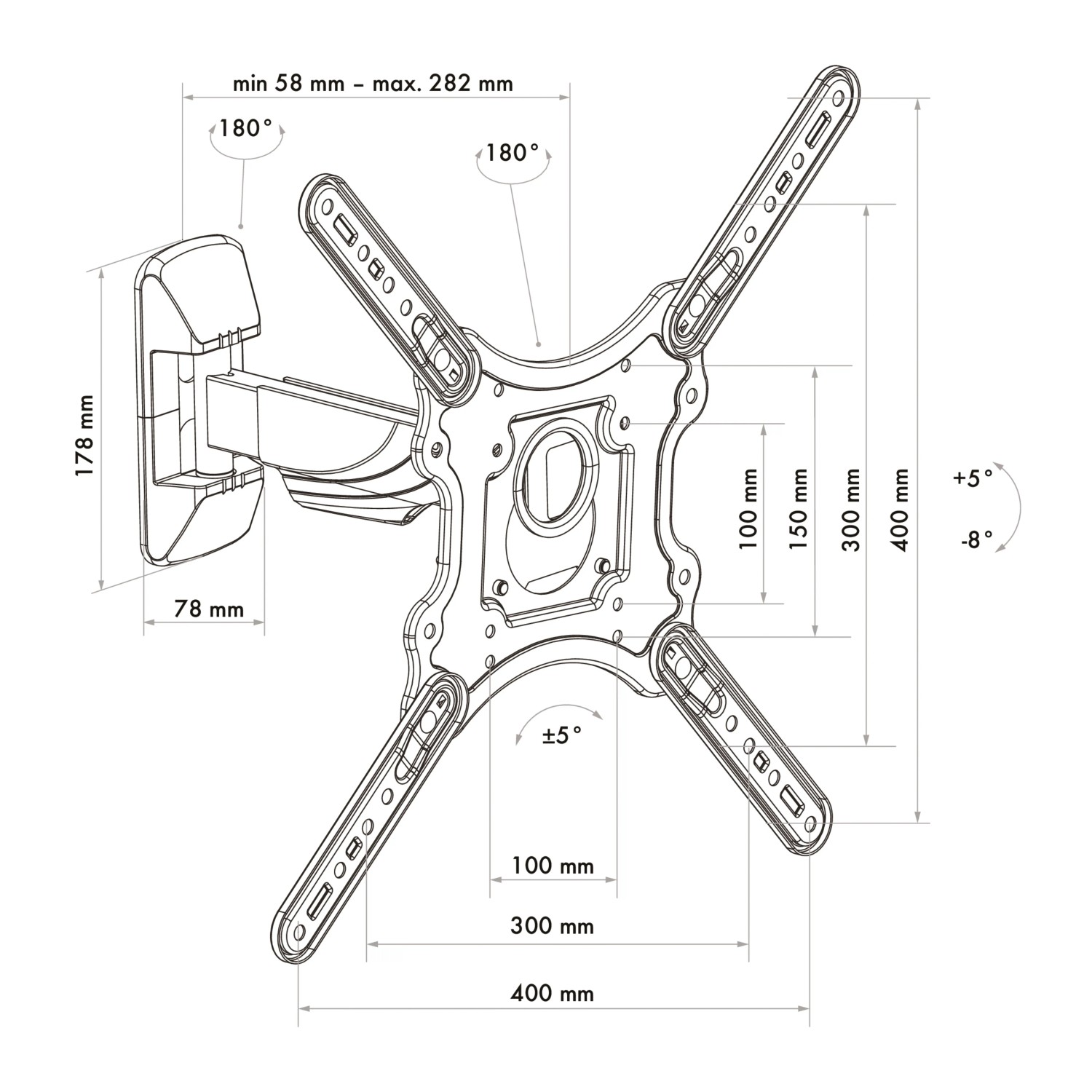 Technische Zeichnung: Schwaiger TV-Wandhalter Motion 3, neig-, schwenk- & drehbar, bis 35 kg.
