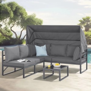 Graues Svita Maui Gartenmöbel-Lounge-Set mit Dach, Ecksofa und Tisch. Stahlgestell, graue Polster. Ideal für Outdoor.