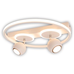 Moderne, weiße LED-Deckenleuchte Ronda mit 2 Spots und LED-Ring, 40 cm Durchmesser.