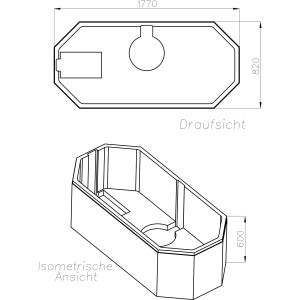 Skizze Ottofond Wannenträger Sicilia 180 cm, Draufsicht und isometrische Ansicht mit Maßen.
