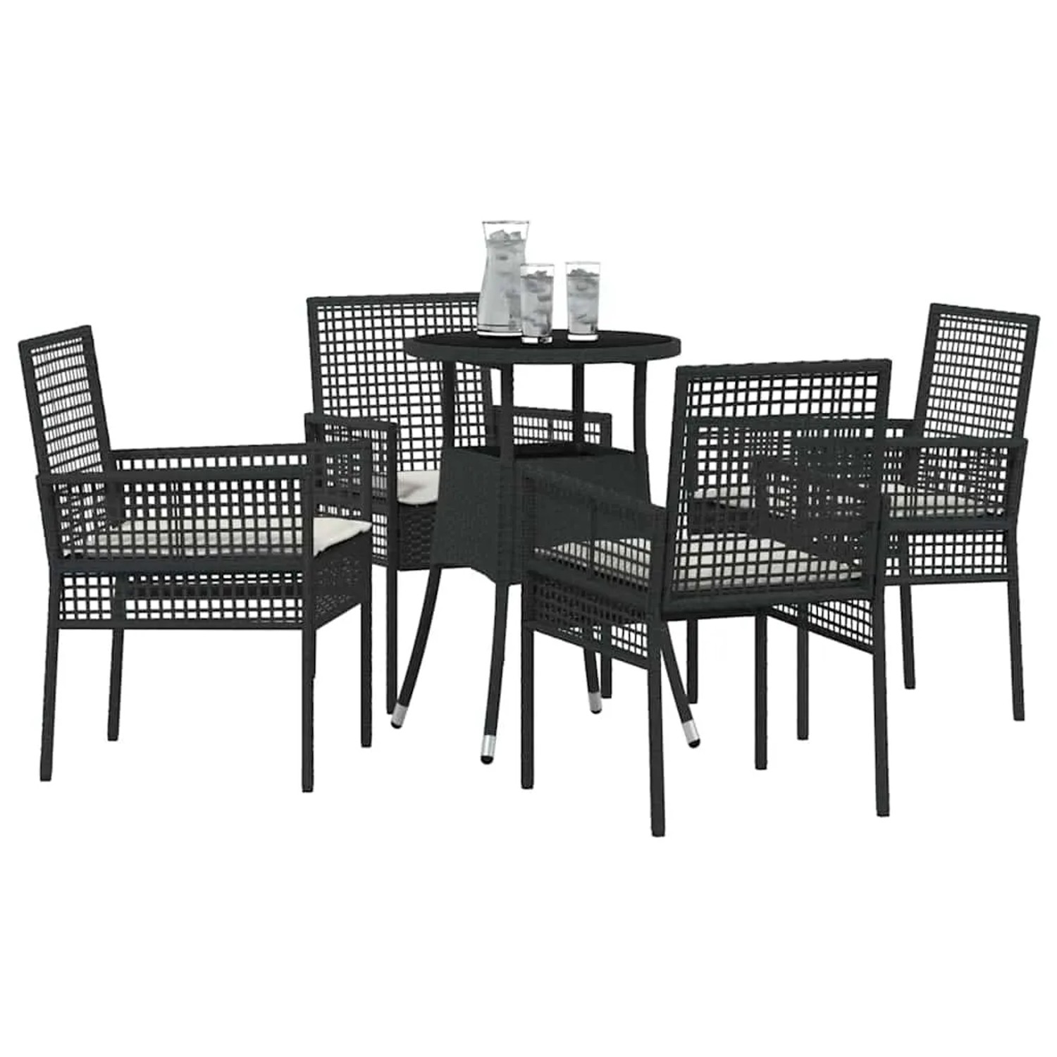 Schwarze 5-tlg. Garten Essgruppe aus Poly Rattan mit Tisch und 4 Stühlen.