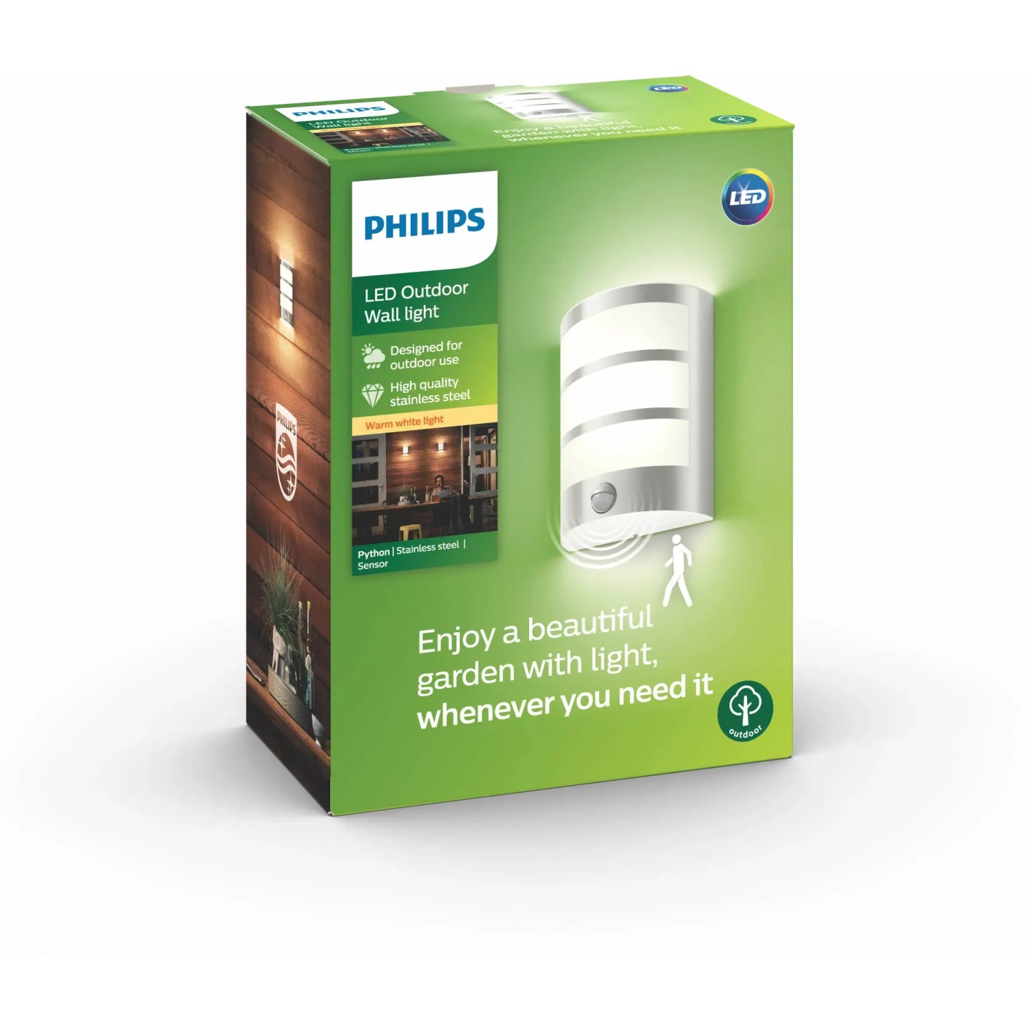 Verpackung der Philips LED-Außenwandleuchte Python aus Edelstahl mit Bewegungsmelder.