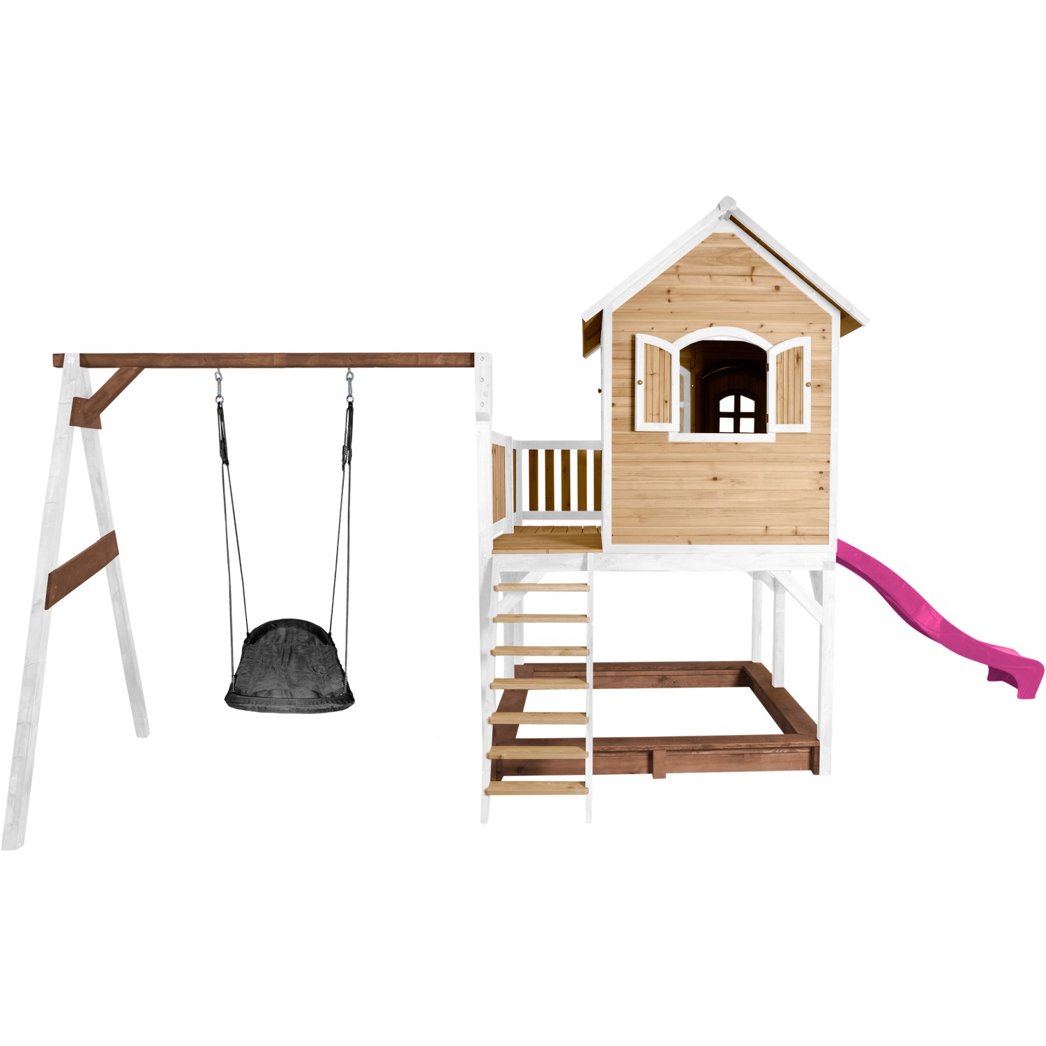 Axi Liam Spielhaus mit Nestschaukel und lila Rutsche, braun-weiß. Spielturm mit Schaukel und Sandkasten.