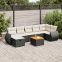 Schwarze 8-tlg. vidaXL Garten-Sofagarnitur aus Poly Rattan mit cremeweißen Kissen und Tisch.
