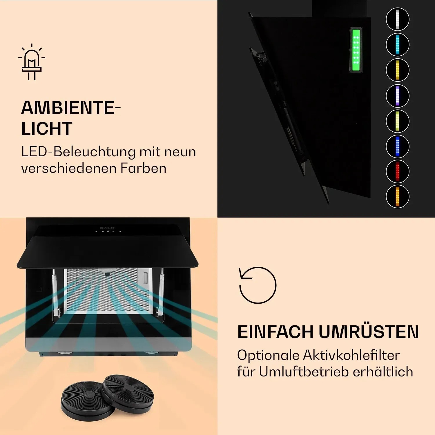Klarstein Aurora 60 Smart Dunstabzugshaube mit Ambiente-Licht und optionalen Aktivkohlefiltern.